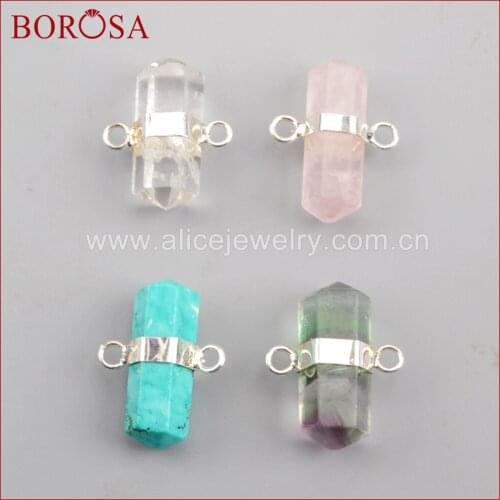 BOROSA Silver Plated Hexagon Multi-kind Stones Connector Beads Natural Crystal Blue Howlite Quartz Jewelry for Necklace WX995