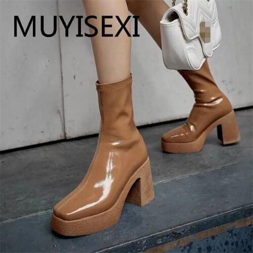 New autumn winter brand fashion suare toe slip on 3cm platform 9cm high heels balck brown party women ankle boots TTY20 MUYISEXI