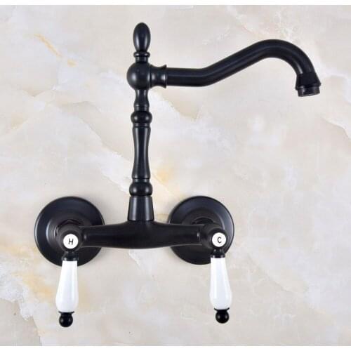 Black Oil Rubbed Bronze Bathroom Kitchen Sink Faucet Mixer Tap Swivel Spout Wall Mounted Double Handles mnf837