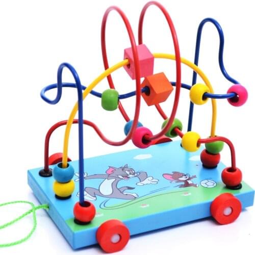 OUY Childrens Puzzle Hands-on Pull Toy Wooden Cartoon Trailer Round Beads