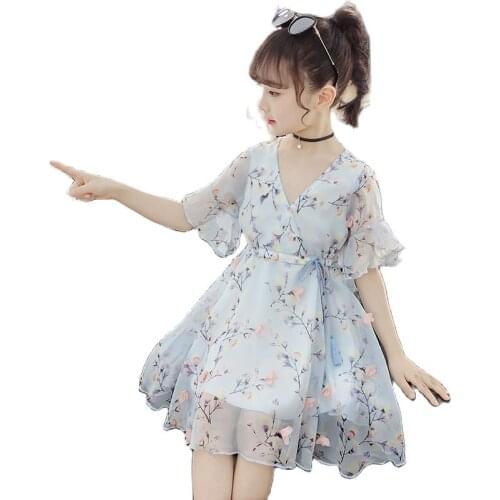 Children Chiffon Floral Dress for 4 5 6 7 8 9 10 11 12 13 14 Years Kid Pink Sky Blue Knee Length Ruffle Beautiful Party Dresses