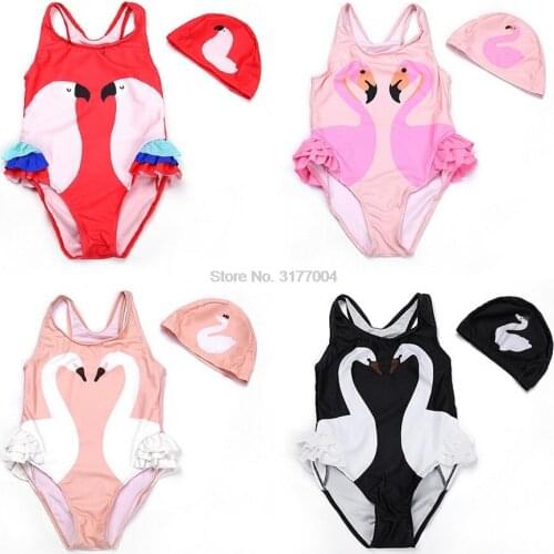 DHL 100set Girls Cute Swan Flamingo with Swimming Cap bathing suit One-Pieces 7 Sizes Swim Wear Bodysuit