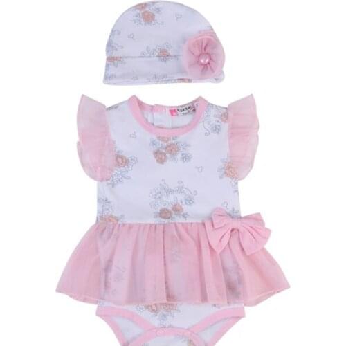 Newborn Baby Girl Pink Clothes Set Toddler Girls Princess Romper Dresses Lovely Lace Bow Ruffle Sleeve Floral Hat Gauze Dress