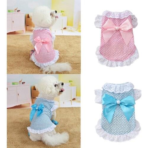 Dog Lace Dot Printed Dress Summer Fashion Thin Cotton Latge Bowknot Pet Skirt Soft Cute Casual Puppy Pet Dog Princess Dress