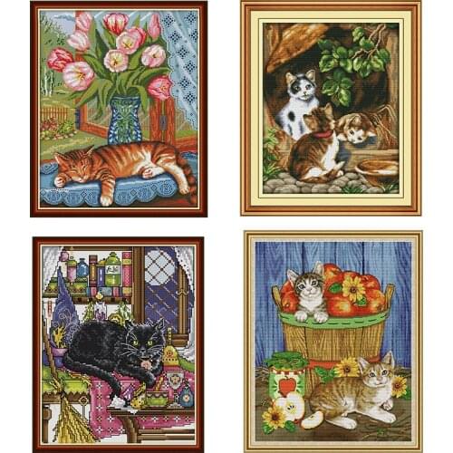 Joy Sunday Eco Cotton Printed Cross Stitch Kit Cute Cat Series DMC 14CT11CT Chinese Embroidery Kit DIY Christmas Decoration Gift