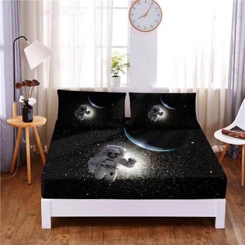 Stars And Astronauts Printed 3pc Polyester Fitted Sheet Mattress Cover Four Corners with Elastic Band Bed Sheet Pillowcases