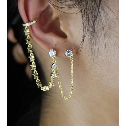 2021 New Fashion Gold Colors Ear Cuff Dangle Earrings with shiny Ear Clip For Women Paved White Cz Trendy Jewelry Cool Gifts