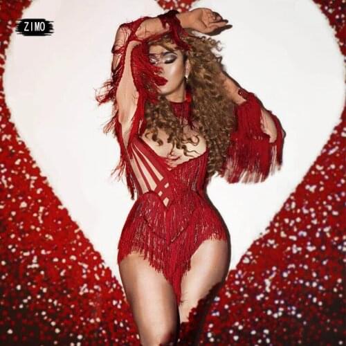 Red Bodysuit Sexy tassel Latin Dance Fringe long sleeve Stretch Costume club Prom Birthday Celebrate rave clothes women Bodysuit