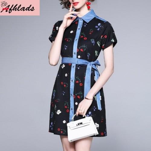 Summer New Turn-Down Collar Short Sleeve Fashion Printing Loose Women Dress Single-Breasted Chiffon Stitching Dress With Belt
