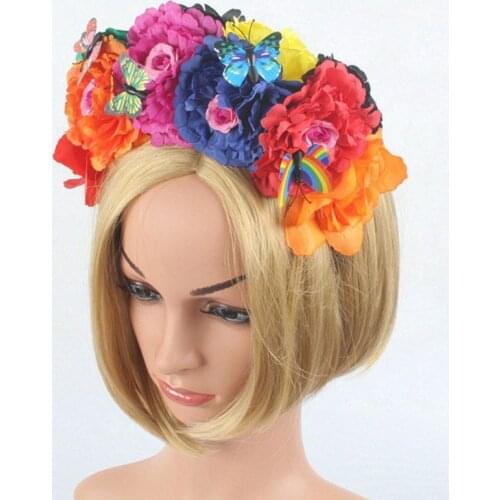 Halloween Simulation Colorful Peony Flower Headband Fairy Butterfly Crown Cosplay Day of The Dead Headpiece