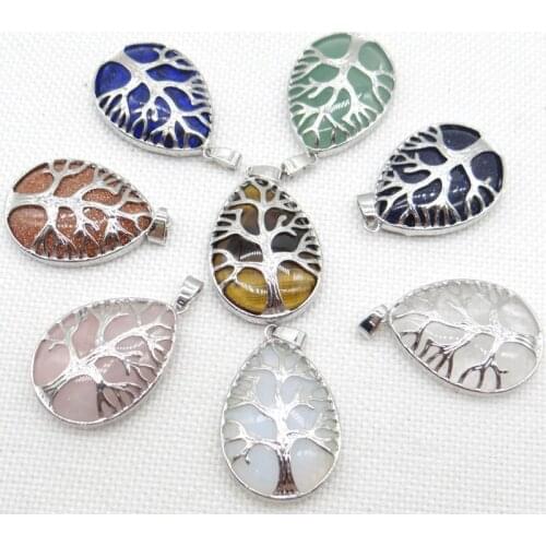 Natural GemStone Quartz Crystal Lapis Pendant Handmade Silver Color Life Tree Drop Shaped Etc Reiki Jewelry Necklace Making10pcs