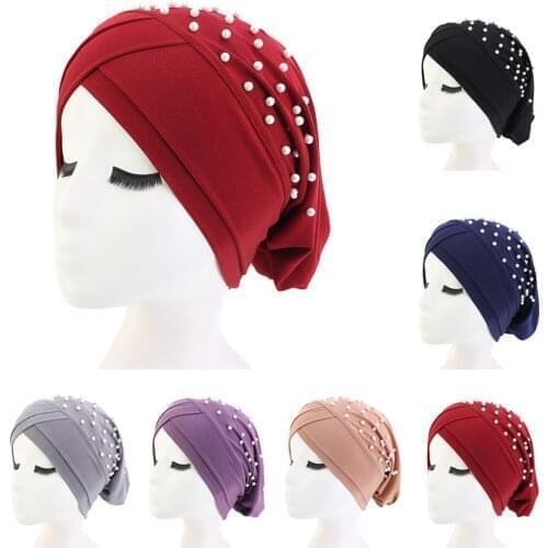 Fashion Muslim Women Bead Turban Hat Stretch Bonnet Beanie Hair Loss Cover Chemo Cap India Beanie Bonnet Head Wrap Hat Headscarf