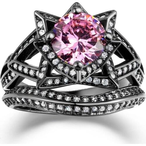Top quality design black Gold Color ring with pink cz promise engagement ring flower large fashion for women size 5 6 7 8 9 10