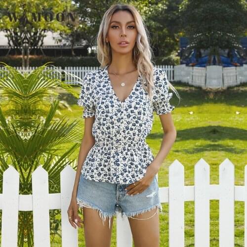 2021 Summer New Chiffon Top Printed V-neck Short Sleeve Blouse Women Flare Sleeve Blue Floral Tshirts Elegance T Shirt Women