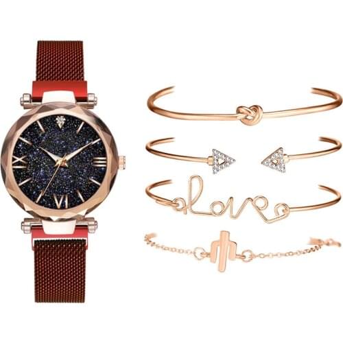 Luxury Rose Gold Starry Sky Dial Watches Women Ladies Crystal Bracelet Quartz Wrist Watch 5 PCS Set