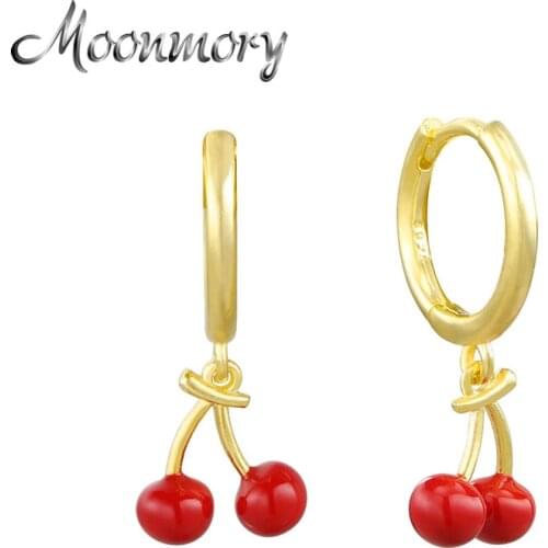 Moonmory 100% 925 Sterling Silver Red Cherry Hoop Earrings For Women Fruit Enamel Pendant 2021 European Pop Jewelry Wholesale
