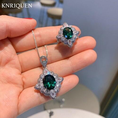 Retro 925 Sterling Silver Emerald Gemstone Rings Pendant Necklace High Carbon Diamond Wedding Party Jewelry Sets Gift for Women