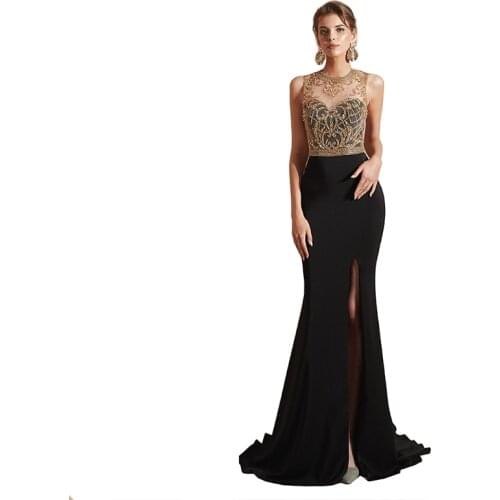 2020 Sheer Jewel Side Slit Mermaid Black Formal Dress Evening Long Gown with Rhinestones
