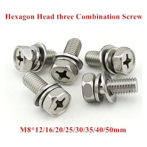 10pcs M8 Hexagon Socket Head Screw 304 stainless steel External hex head three combination screws bolt with Flat/Spring washer