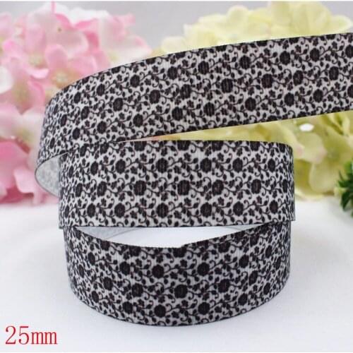 16607-82,(1")25mm 10yard/lot Black Flowers Ribbons Thermal transfer Printed grosgrain Wedding Accessories DIY handmade material