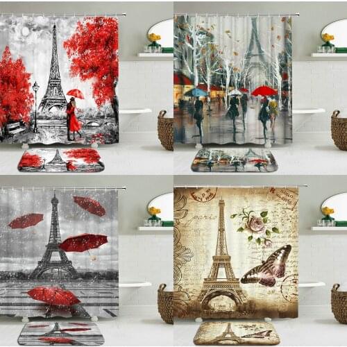 2Pcs/Set Eiffel Tower Pattern Landscape Architecture Shower Curtain Set Waterproof +Non-slip Mat Rug Toilet Bathroom Home Decor