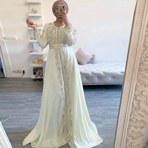 Bbonlinedress Moroccan Caftan Evening Dresses Embroidery Appliques Long Evening Dress Full Sleeve Arabic Muslim Party-Dress
