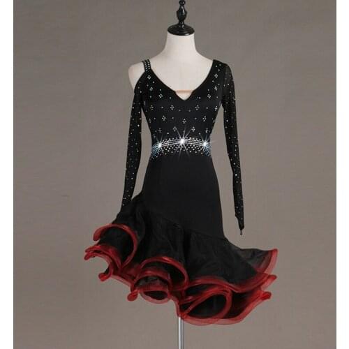 Sparking Ballroom Latin Dancing Skirt Flamenco Halter Neck Dress for Women & Adult Rumba Qiaqia Stage Show Costume 2 Color B0113