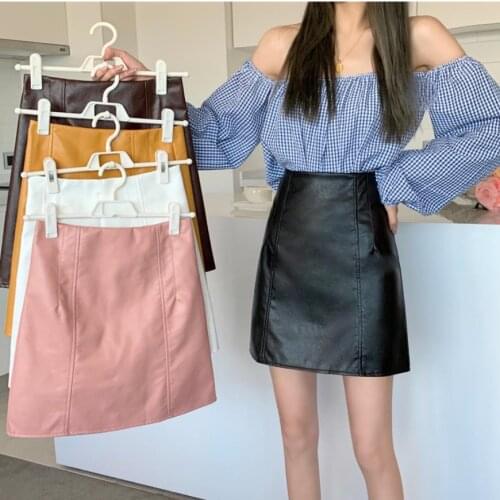 2021 Spring Autumn High Waist Formal Sexy Mini Skirt Pink Black White Solid Slim Skirts Artificial Leather Clothing Office Work