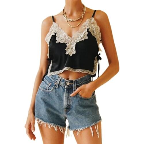 Womens Loose Crop Cami Tops, Sleeveless V Neck Lace Patchwork Side Tie Up Camisole Newest Fashion