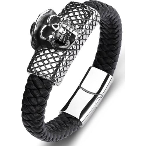 Trendy Leather Braided Bracelet for Men Stainless Steel Skull with Hat Magnet Clasp Bangles Punk Wristband Male Boy Jewelry P150
