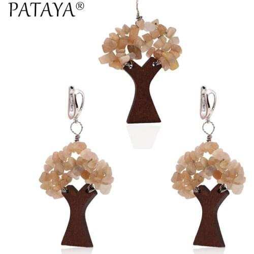 PATAYA New Irregular Natural Stone Dangle Earrings Pendant Sets True White Gold Tree Shape Earring Chalcedony Wood Jewelry Set