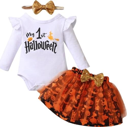 Halloween Clothes For Newborn Pumpkin Letter Printing Long Sleeve Round Collar Romper Mesh Bubble Skirt Headwear Baby Girl Sets