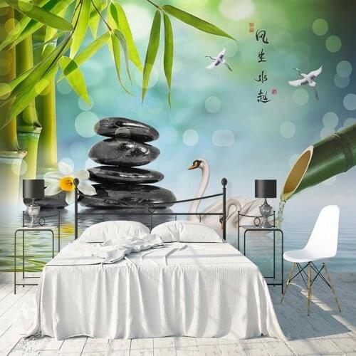 Custom 3D Photo Wallpaper Green Bamboo Forest Pebbles Stone Swan Large Mural Modern Landscape Wall Painting Living Room Bedroom