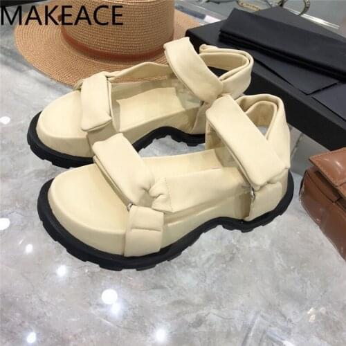 New Flat Thick Sole Casual Sandals Summer 2021 Soft Real Leather Magic Tape Platform Sandalias Women Comfortable Vacation Shoes
