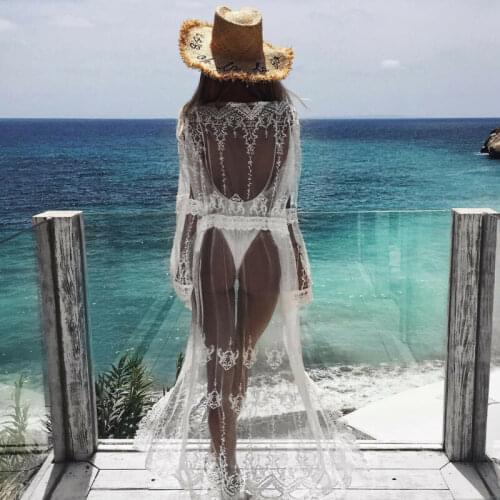 Sexy Summer Women Three Quarter Floral Lace Crochet Kimono Swimwear Cardigan Bikini Cover Up Wrap Beachwear Long Cover-Up