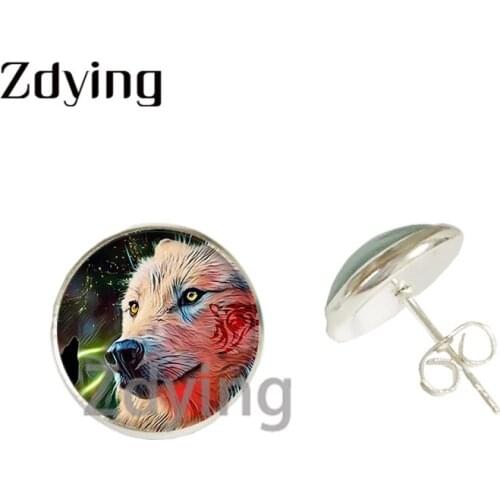 Zdying Punk Jewelry Wolf Stud Earring Glass Animal Art Picture Cabochon Dome For Woman Man Earrings Party Gift WL035