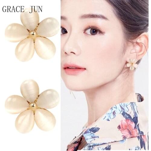 GRACE JUN Womens Clip on Earrings No Pierced Earrings Party Birthday Fashion Gold Color Opal Stone No Hole Ear Clip Wholesale