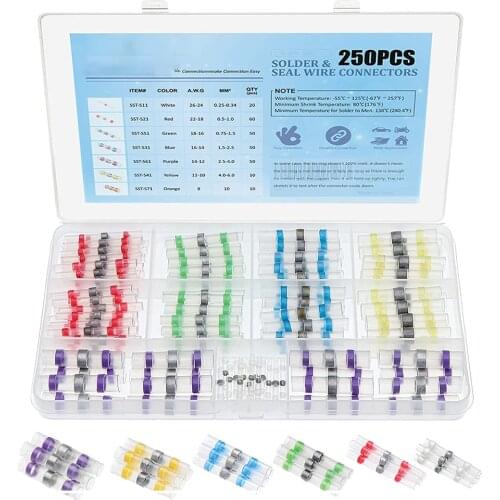 250PCS 7Colors Heat Shrink Butt Crimp Terminals Waterproof Solder Seal Electrical Butt Connectors Wire Cable Splice Terminal Kit