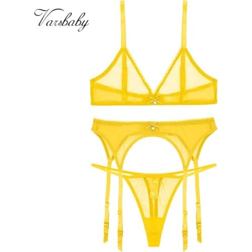Varsbaby women sexy see-through underwear set Ultra-thin wire free seamless bra set bra+thongs+garter 3pcs