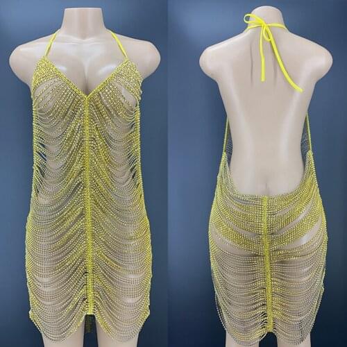 Yellow Beaded Chain Sexy Hollow Out Stretch Dress Festival Rave Outift Nightclub Singer Dancer Performance Stage Costume VDB4141