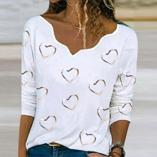 40#блузка женская Women Hearts Print Blouse Asymmetrical Neck Pullover Long Sleeve Shirts Spring Elegant Pullover Top blusas