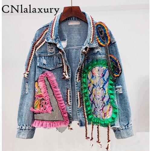 Spring Women Streetwear Patch Denim bomber Jacket Female Personality Short Diamonds Jacket Tassel Jean Coat jaqueta feminina