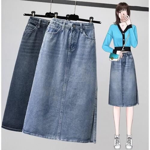 Denim Split Madi Plus Large Size Oversize Korean Style Fashion WomenS Clothing Vintage 2021 Casual High Waist Skirts Female