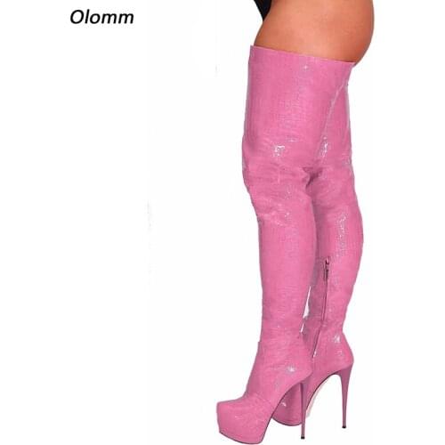 Olomm Italian Style Women Winter Crotch Boots Platform Stiletto Heels Round Toe Gorgeous Pink Red Night Club Shoes US Size 5-20