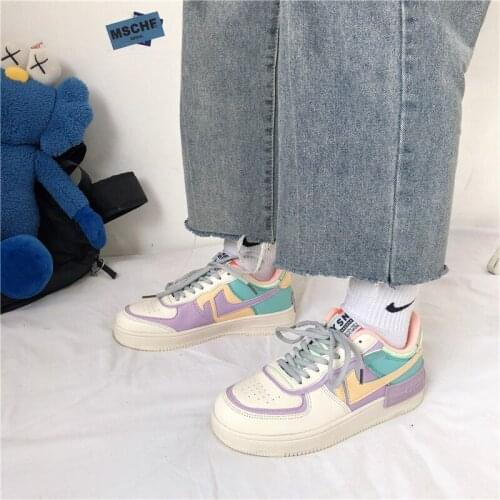 2021 New Women Shoes Korean Womens Sneakers Pink Thick-soled White Shoes Flat Shoes Autumn Lace-up Female Vulcanized Shoes