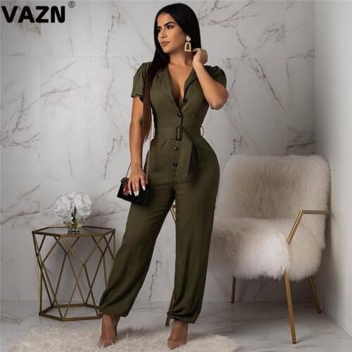 VAZN GOMY15097 new fashion green women jumpsuit short sleeve long pencil pant jumpsuits v-neck sexy club rompers
