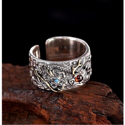 100% s925 silver made old green dragon open ring fashion retro men and women can wear rings