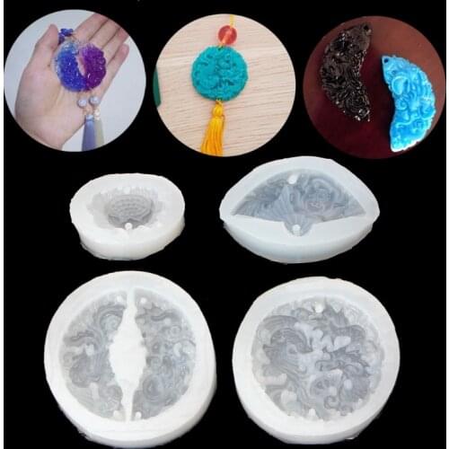 4PCS Silicone Pendant Mould Resin Carved Jade Lotus Flower DIY Jewelry Making Tools