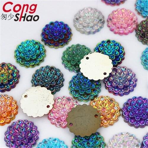 Cong Shao 200Pcs 15mm AB Colorful Flowers Acrylic Rhinestone Crystal Stones For costume Craft Button DIY Sewing 2 Hole CS594