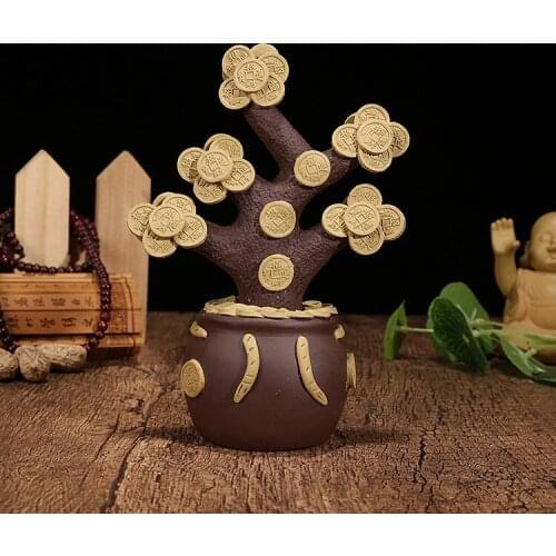 Money Tree Purple Sand Crafts Simple Style Feng Shui Tree Lucky Copper Money Ornaments Living Room Office Statue Holiday Gift